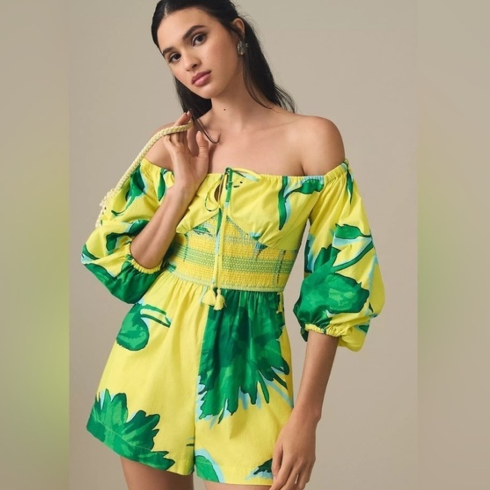 NWT retail $80 size S PLENTY Vibrant Yellow and Green Off-Shoulder Romper.